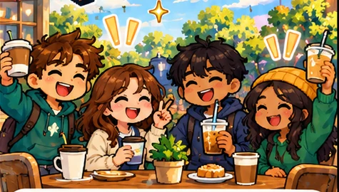 Four Side Quest students sharing coffee at a sunny campus café