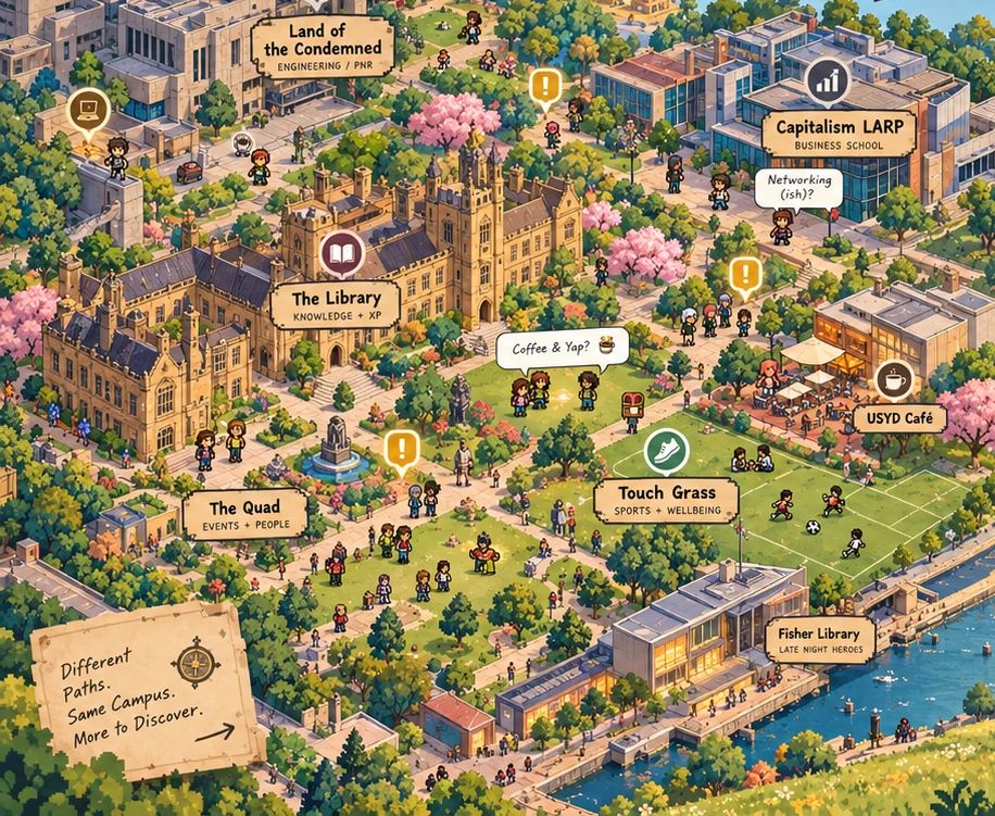 The Side Quest campus filled with places to go, people to meet and quests to discover