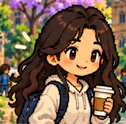 Maya, a Side Quest student with a coffee, outside the Quad