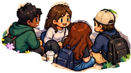 A group of Side Quest students sitting together on campus