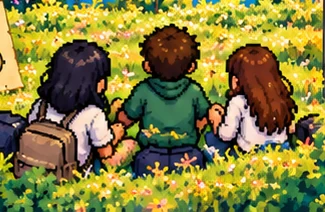 Three students looking out over the colourful Side Quest campus