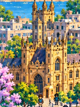 The sandstone Quad towers over jacarandas in the Side Quest campus.